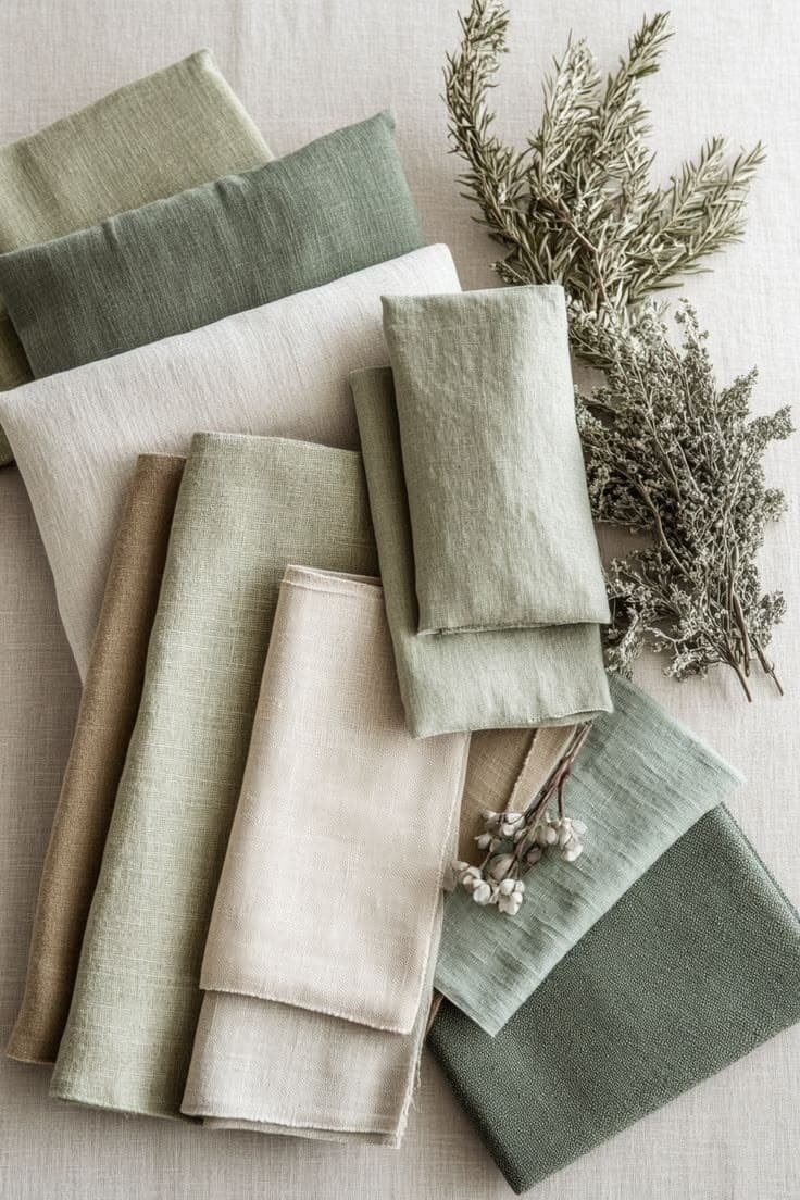 Stacked linen napkins in sage and cream